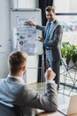 smiling young businessman pointing at whiteboard with business charts and looking at colleague sitting Royalty Free Stock Photo