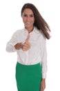 Smiling young businesswoman isolated over white with green skirt Royalty Free Stock Photo