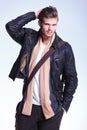 Smiling young casual man in leather jacket Royalty Free Stock Photo