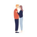 Smiling young casual man and woman hug touching nose each other vector flat illustration. Loved couple kiss feeling love