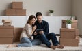 Happy couple renters use gadget search home for rent Royalty Free Stock Photo