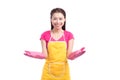 Smiling young cleaning asian lady with pink rubber gloves showing ok sign with thumbs up over white Royalty Free Stock Photo