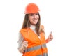 Smiling young construction woman enjoying her success Royalty Free Stock Photo