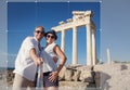 Smiling young couple take a selfie photo on antique ruins