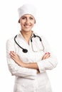 Smiling young doctor with stethoscope over white Royalty Free Stock Photo