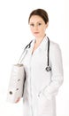 Smiling young doctor woman with stethoscope and folder isolated Royalty Free Stock Photo