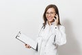 Smiling young doctor woman with stethoscope, glasses isolated on white background. Female doctor in medical gown talk on Royalty Free Stock Photo