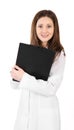 Smiling young doctor woman with a stethoscope and plane table is Royalty Free Stock Photo