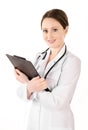 Smiling young doctor woman with a stethoscope and plane table is Royalty Free Stock Photo