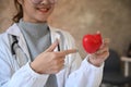 Smiling female doctor holding red heart shape in hand. Healthcare and medical concept. Royalty Free Stock Photo