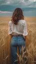 smiling young female farmer cowgirl standing in wheat cereal field. copy space