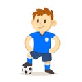 Smiling young football player with his foot on football. Cartoon character. Sport and fitness. Cartoon vector flat