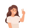 Smiling young girl flat vector illustration. Sign language, gesticulation, peace gesture. Good mood, gladness