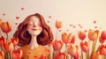 Smiling young girl in red tulips and hearts. 3d illustration. Horizontal layout. For Canadian Tulip Festival or Netherlands event Royalty Free Stock Photo