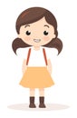 Smiling young girl standing with hands on hips wearing a white shirt, yellow skirt, and brown boots. Cartoon kid