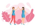 Smiling young girls giving high five, friends flat vector illustration. Women friendship, family walk, recreation, rest