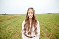 Smiling young hippie woman on cereal field Royalty Free Stock Photo