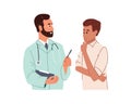 Smiling young male doctor in medical uniform consult male patient