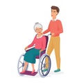 Smiling young male men takes care on elderly disabled mom grandmother in wheelchair. Colourful cartoon vector