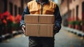 Smiling young male postal delivery courier man in front of cargo van delivering package Royalty Free Stock Photo