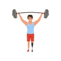 Young man with artificial leg holding barbell over his head. Weightlifting concept. Cross fit or competition sport game Royalty Free Stock Photo