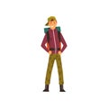 Smiling young man with backpack, outdoor adventures, travel, camping, backpacking trip or expedition vector Illustration