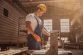 Handsome male builder using woodworking machine in workshop Royalty Free Stock Photo