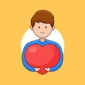 Smiling young man hugging heart for express love affection and heart day celebration vector outline cartoon style illustration