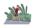 Smiling young man jogging outdoors in morning. Cute funny male athlete running along street. Daily fitness training or