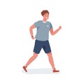 Smiling young man jogging vector flat illustration. Happy sportsman wearing sportswear during running isolated on white