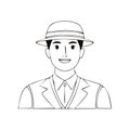 Smiling Young Man in a Suit and Hat, Outlined Portrait Illustration Royalty Free Stock Photo