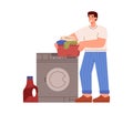 Smiling young man washes clothes flat style, vector illustration Royalty Free Stock Photo