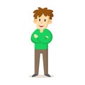 Smiling young man wearing green sweater standing with his arms crossed, cartoon character design. Flat vector Royalty Free Stock Photo