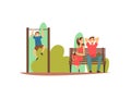 Smiling Young Man and Woman Sitting on Bench in Park, Boy Hanging on Horizontal Bar, People Relaxing in Nature Vector