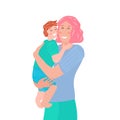 Smiling young mother holding her baby on her hands. Woman lifting up and hugging little son. Happy Mothers day greeting