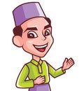 Smiling young muslim man with songkok Malay costume presenting and pointing something