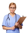 Smiling young nurse with stethoscope and clipboard isolated Royalty Free Stock Photo