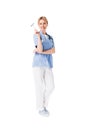 Smiling young nurse in uniform with reflex hammer Royalty Free Stock Photo