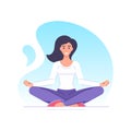 Smiling young relaxed woman practicing yoga sitting in lotus position hands namaste vector flat Royalty Free Stock Photo