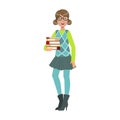 Smiling young student girl holding stack of books. Colorful cartoon illustration Royalty Free Stock Photo