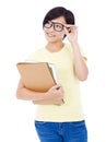 Smiling young student girl standing and holding document