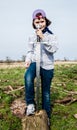 Smiling young valkyrie. Girl holding a sword. Royalty Free Stock Photo