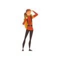 Smiling young woman with backpack, outdoor adventures, travel, camping, backpacking trip or expedition vector