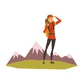Smiling young woman with backpack, summer mountain landscape, outdoor adventures, travel, camping, backpacking trip or