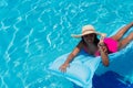 Woman in bikini, wearing straw hat relaxing on inflatable in pool. Attractive woman in swimwear stands in the sun on Royalty Free Stock Photo