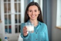 Smiling young woman drinking milk in the morking Royalty Free Stock Photo