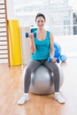 Smiling young woman exercising with dumbbells on fitness ball Royalty Free Stock Photo