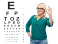 Smiling young woman with eyeglasses showing ok