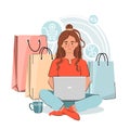 Smiling young woman holding a laptop with shopping bags on background. Online shopping concept. Vector flat illustration Royalty Free Stock Photo