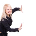 Smiling young woman is holding something abstract Royalty Free Stock Photo